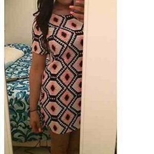 Always‎ White / Salmon / Black Aztec Print Short Sleeve Wide Neck Midi Dress